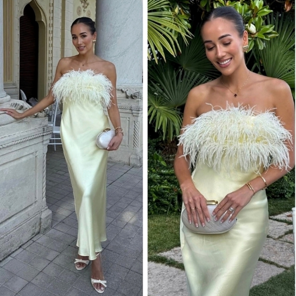 Zara Feathered Satin Midi Dress Yellow Size L - Picture 2 of 16
